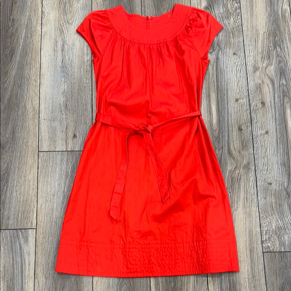 Red Sundress Belted 100% Cotton  Flutter Cap Sleeves Crew Neck MEDIUM
